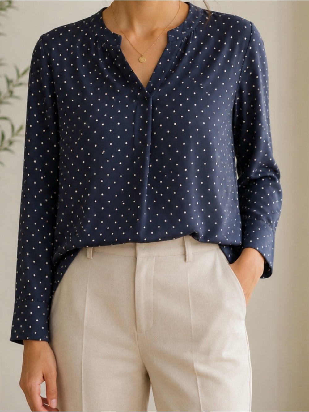 Banana Republic Navy Dot Split-Neck Blouse